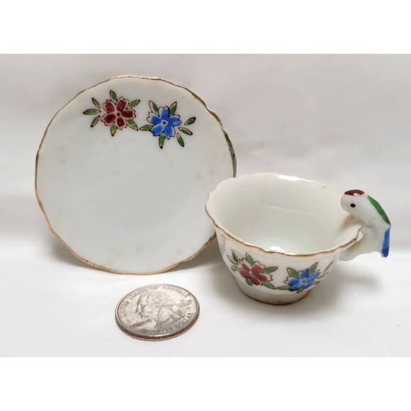 Vintage 1950s Miniature Porcelain Floral Design Tea Cup Parrot Handle Saucer - Picture 2 of 10